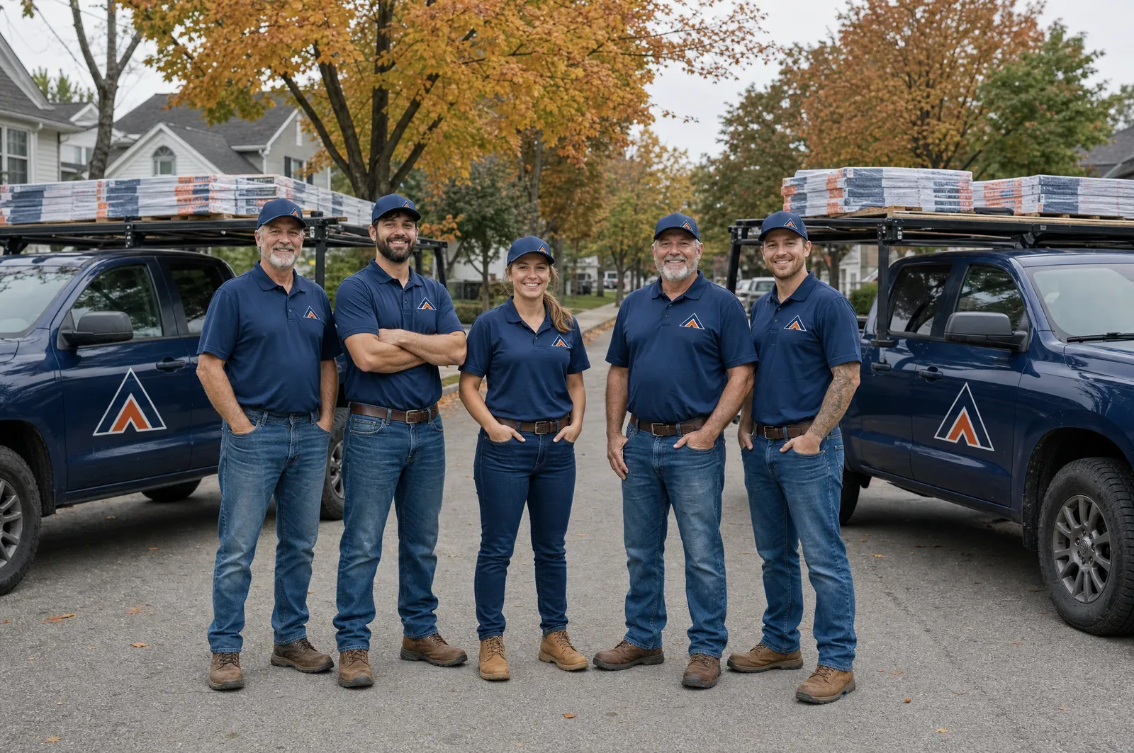 The SW Michigan Roofing crew standing in front of two company trucks in Southwest Michigan