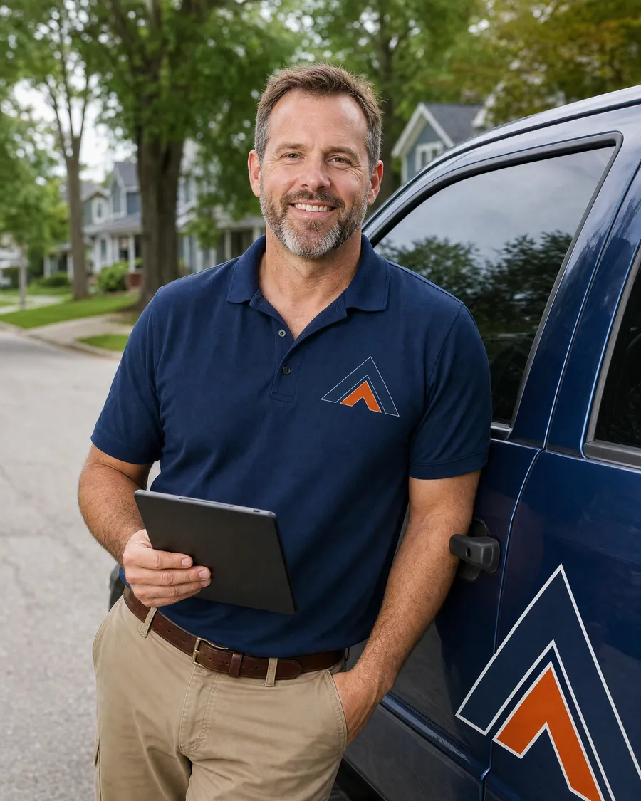 Owner of SW Michigan Roofing standing beside a company truck