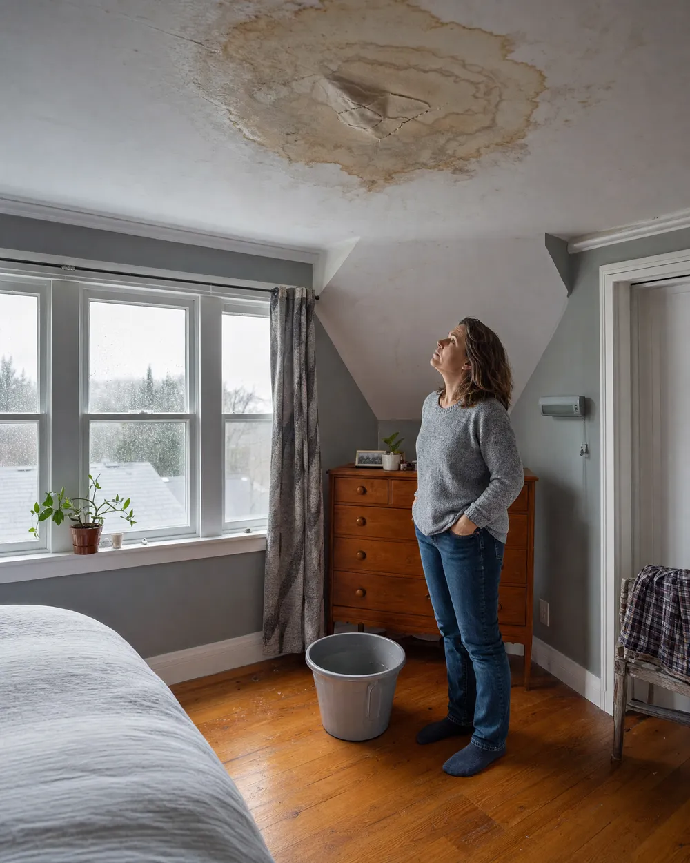 Homeowner looking at a roof leak water stain on a bedroom ceiling