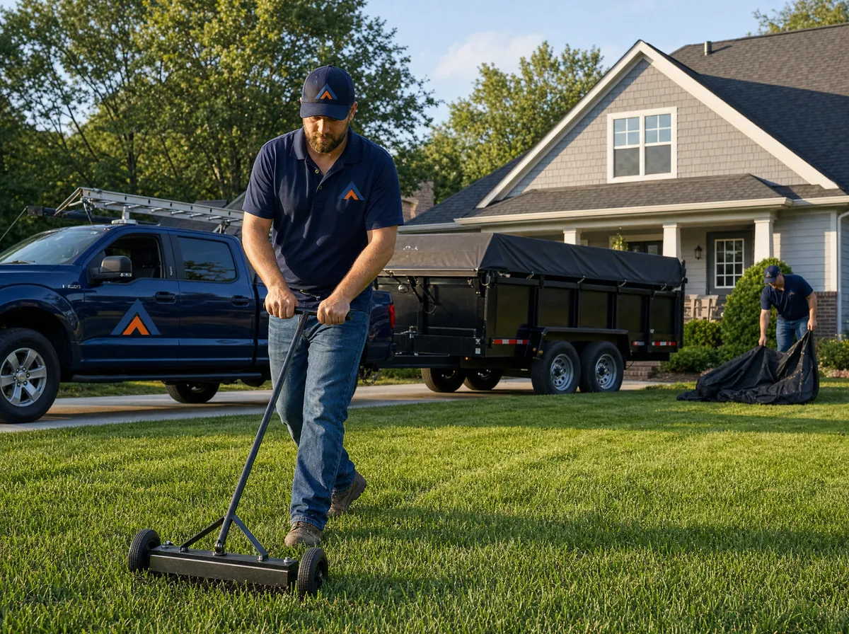 Roofing crew finishing a new roof and using a magnetic sweeper to clean up nails in the yard