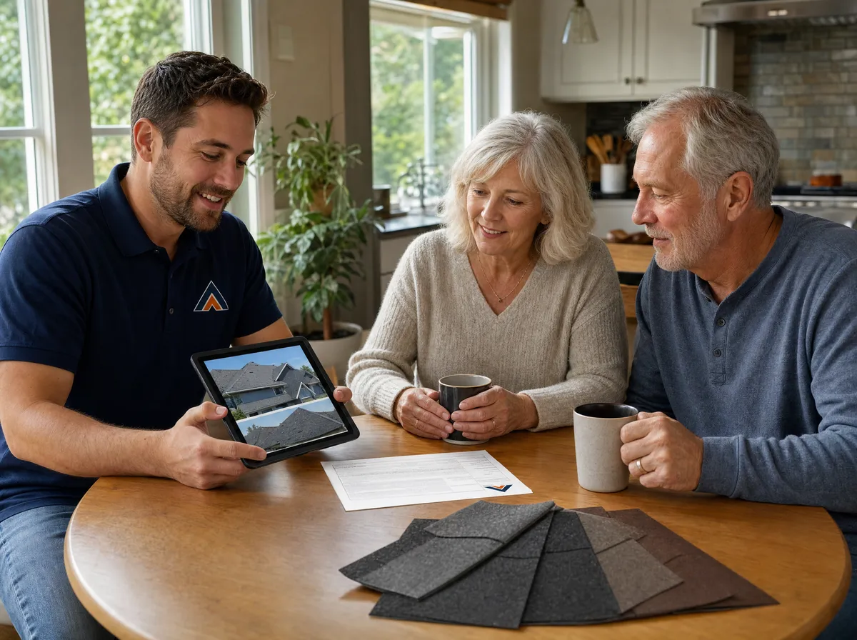 Roofing estimator reviewing a written estimate with a homeowner at their kitchen table