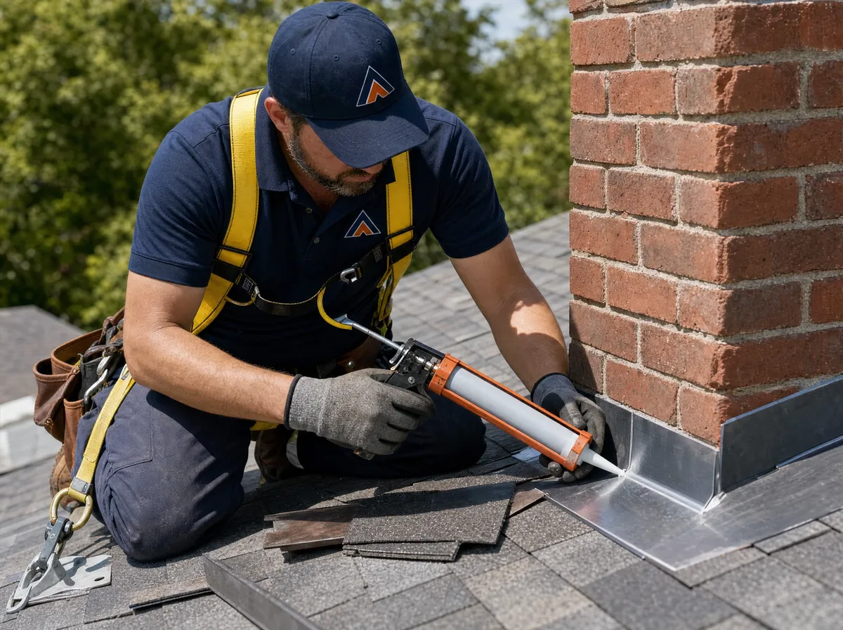 Roofer repairing flashing around a chimney to stop a roof leak in Southwest Michigan