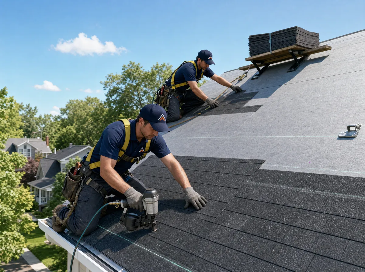 Roofing crew installing new architectural shingles during a roof replacement in Kalamazoo, Michigan